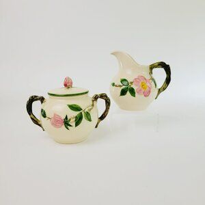 Franciscan Desert Rose GREEN TRIM Sugar Bowl & Creamer Pink Floral c.1949-53